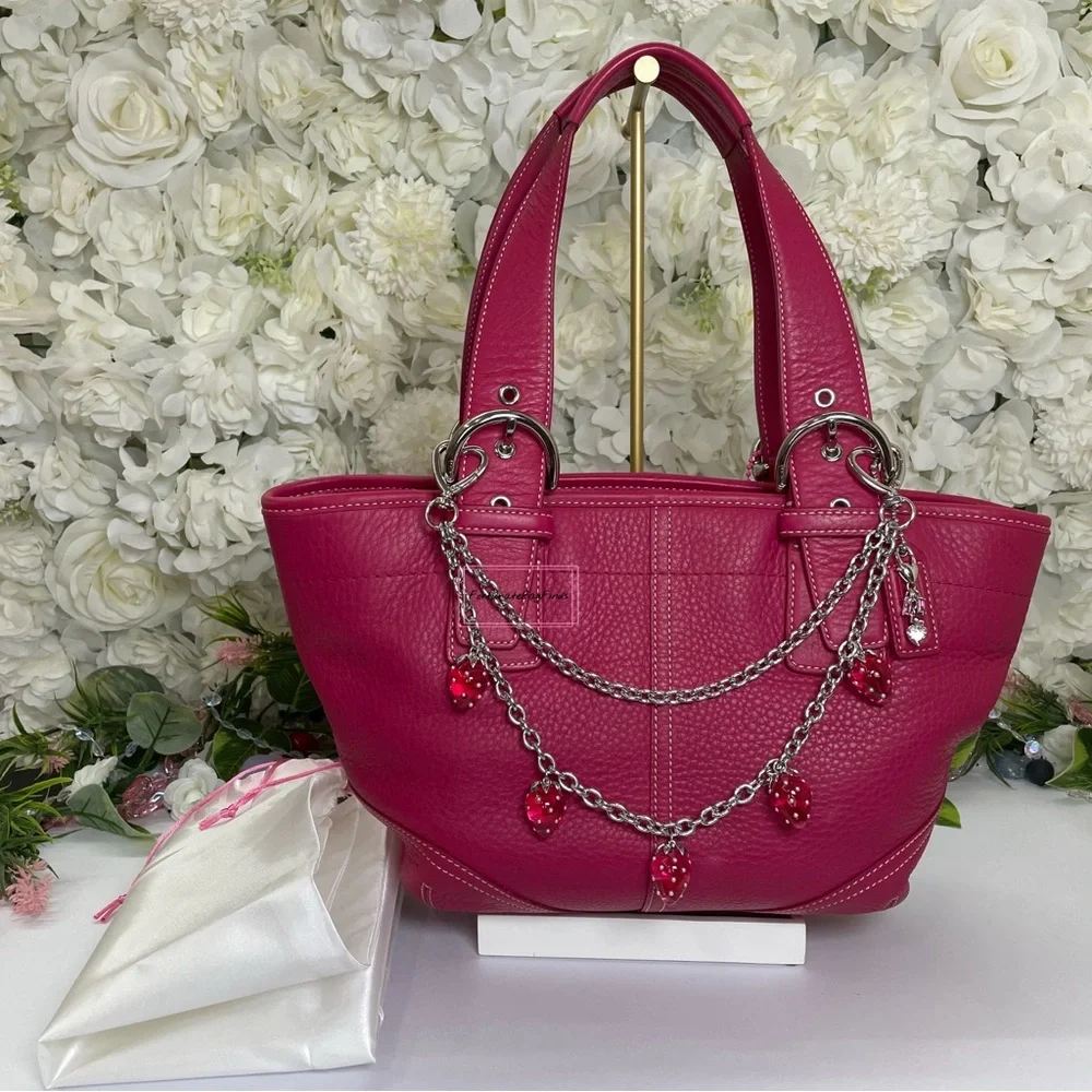 Y2K Vintage Coach Hot Pink Pebble Leather Tote Bag & Strawberry Charm Chain SET - Picture 5 of 16